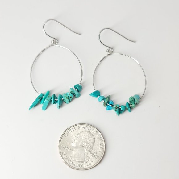 NEW Natural Turquoise Stones Wire Hoop Earrings - Picture 5 of 10